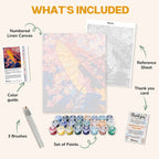 What's included in the Umbrella of Spring paint by numbers kit: numbered linen canvas, reference sheet, color guide, 24 acrylic paints, 3 brushes and thank you card