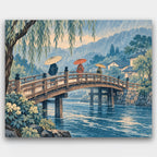 Umbrellas on the Bridge paint by numbers kit of people with umbrellas crossing a wooden bridge over a river in slanting rain