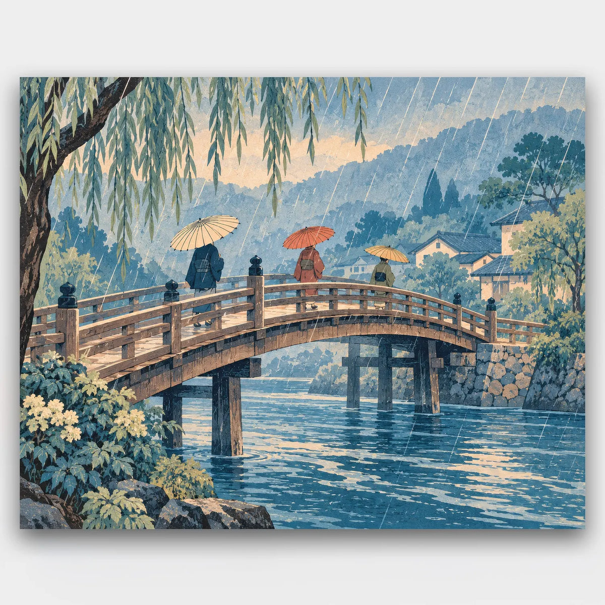 Umbrellas on the Bridge paint by numbers kit of people with umbrellas crossing a wooden bridge over a river in slanting rain