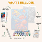 What's included in the Underwater Friends paint by numbers kit: numbered linen canvas, reference sheet, color guide, 24 acrylic paints, 3 brushes and thank you card