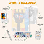 What's included in the Unspoken paint by numbers kit: numbered linen canvas, reference sheet, color guide, 24 acrylic paints, 3 brushes and thank you card
