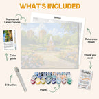 What's included in the Urban Oasis paint by numbers kit: numbered linen canvas, reference sheet, color guide, 24 acrylic paints, 3 brushes and thank you card