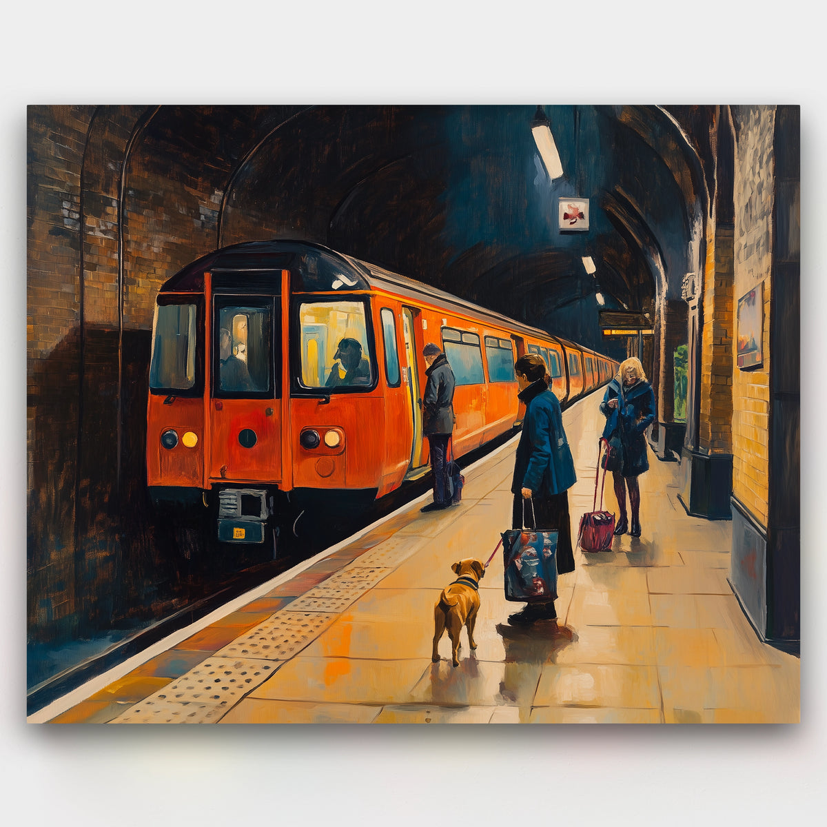 Painting of a train station with people and a dog on a platform