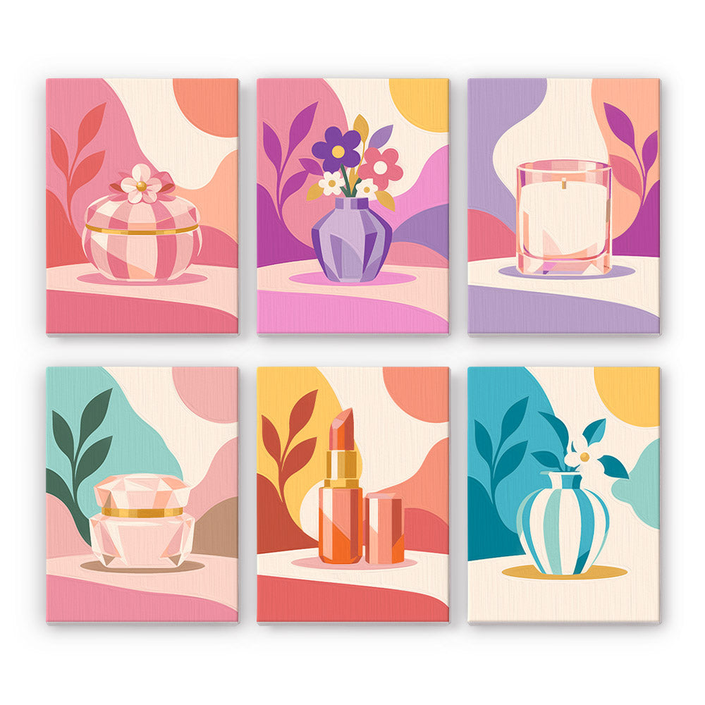 Vanity Treasures mini paint by numbers set: six pastel designs of a jewelry box, vases, a candle, a cream jar and a lipstick