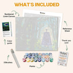 What's included in the Veil of Mystery paint by numbers kit: numbered linen canvas, reference sheet, color guide, 24 acrylic paints, 3 brushes and thank you card