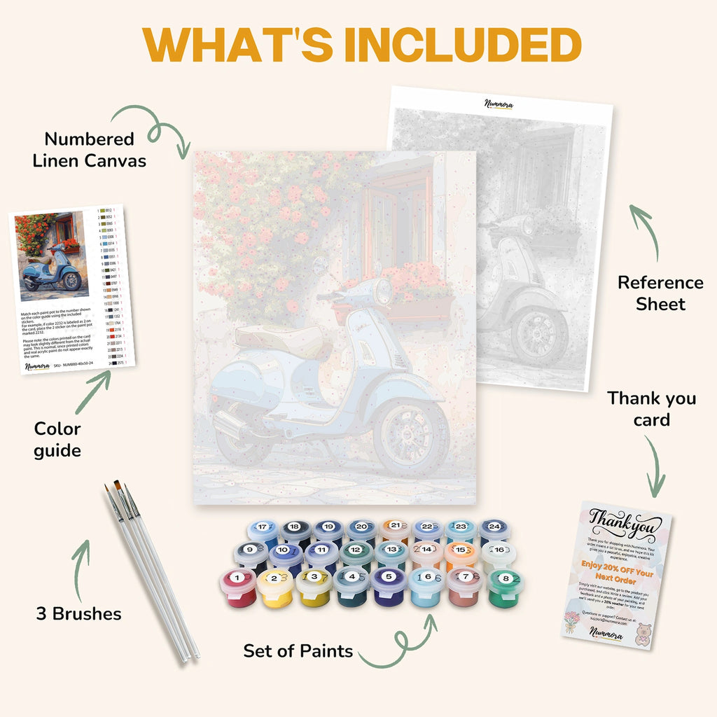 What's included in the Vespa in Bloom paint by numbers kit: numbered linen canvas, reference sheet, color guide, 24 acrylic paints, 3 brushes and thank you card
