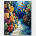 Vibrant Coral Kingdom paint by numbers kit of a coral reef with schools of yellow and orange fish