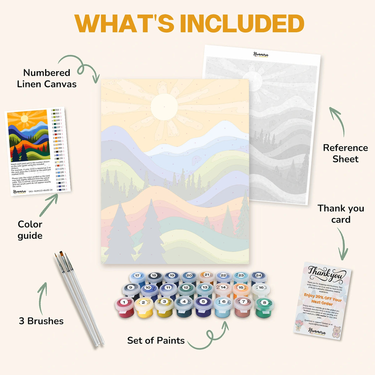 What's included in the Vibrant Mountain paint by numbers kit: numbered linen canvas, reference sheet, color guide, 24 acrylic paints, 3 brushes and thank you card