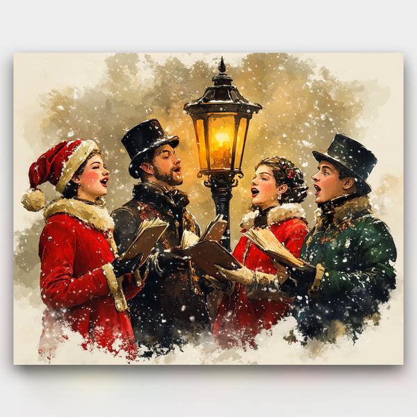 Four people in winter clothing singing carols by a street lamp in the snow.