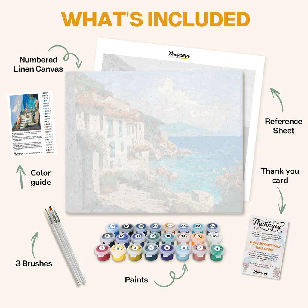 What's included in the Village by the Azure paint by numbers kit: numbered linen canvas, reference sheet, color guide, 24 acrylic paints, 3 brushes and thank you card