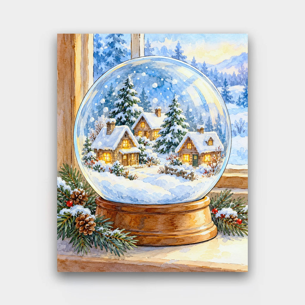 Village in a Snow Globe paint by numbers kit of a glass snow globe with a tiny snowy village on a windowsill with pine sprigs