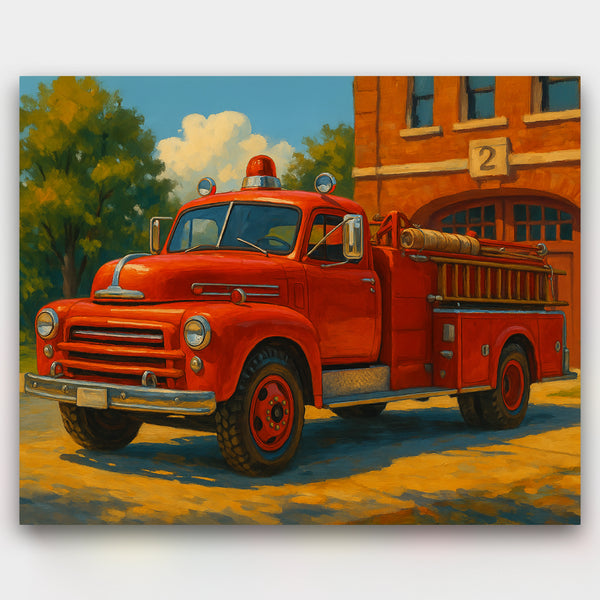 Painting of a red fire truck in front of a brick building with number 2.