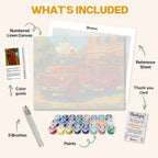 What's included in the Vintage Fire Truck paint by numbers kit: numbered linen canvas, reference sheet, color guide, 24 acrylic paints, 3 brushes and thank you card