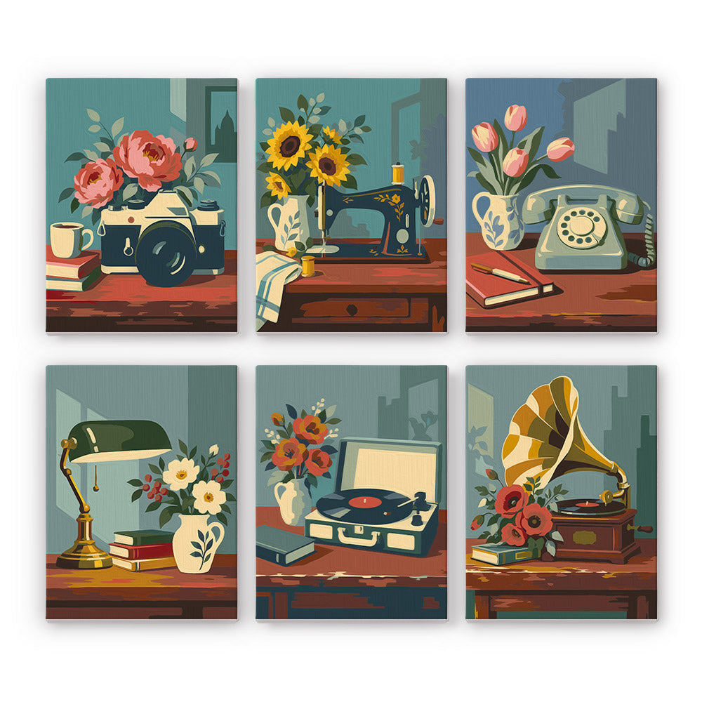 Vintage Keepsakes mini paint by numbers set: six still lifes of a camera, sewing machine, rotary phone, desk lamp, record player and gramophone with flowers
