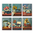 Vintage Keepsakes mini paint by numbers set: six still lifes of a camera, sewing machine, rotary phone, desk lamp, record player and gramophone with flowers