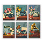 Vintage Keepsakes mini paint by numbers set: six still lifes of a camera, sewing machine, rotary phone, desk lamp, record player and gramophone with flowers