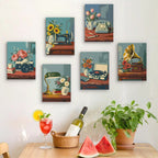 Six finished Vintage Keepsakes mini paintings hung on a wall above a table