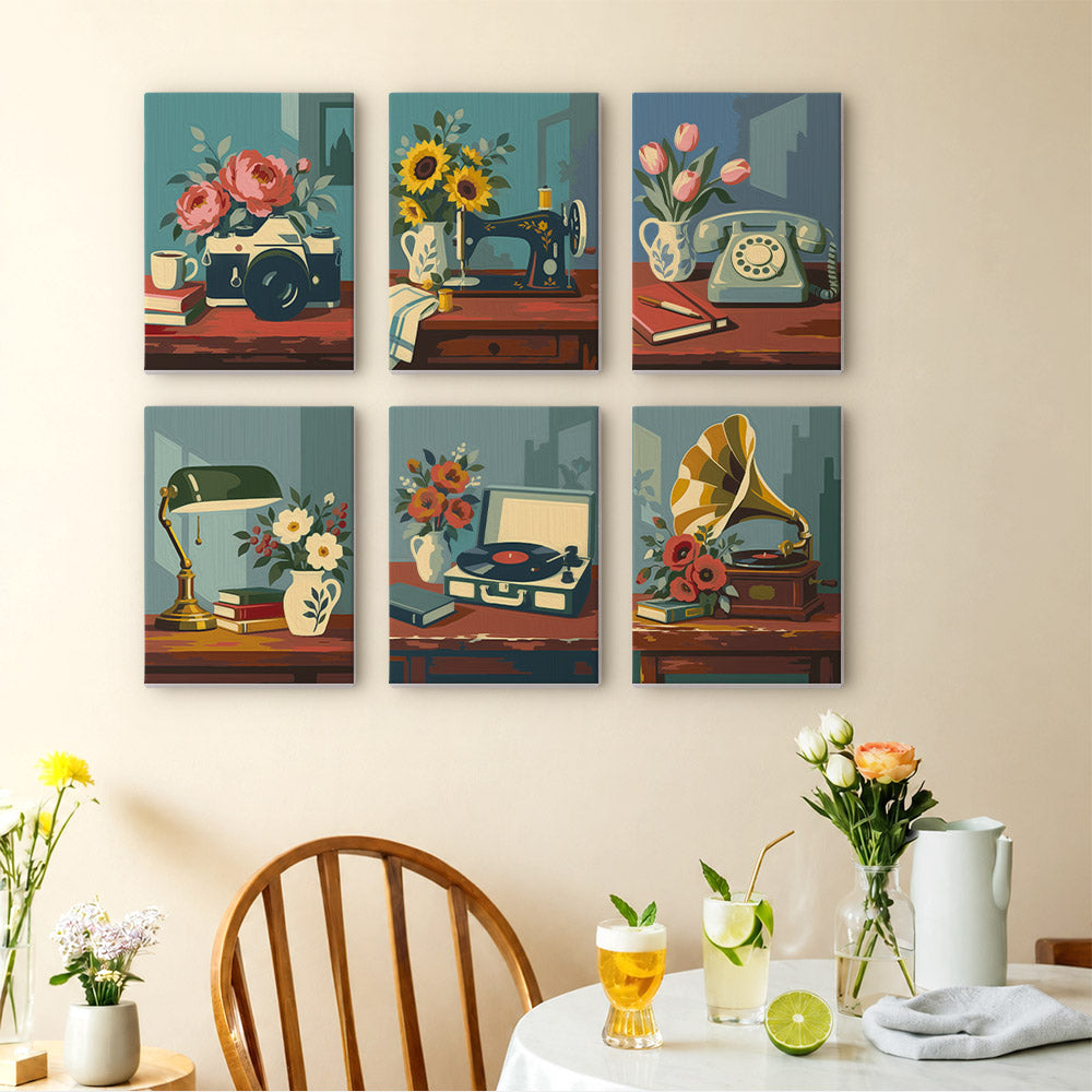Vintage Keepsakes mini paintings displayed as a gallery wall in a sunny kitchen