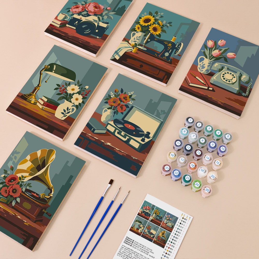 Vintage Keepsakes mini paint by numbers kit with six numbered canvases, acrylic paints, brushes and layout