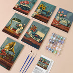 Vintage Keepsakes mini paint by numbers kit with six numbered canvases, acrylic paints, brushes and layout