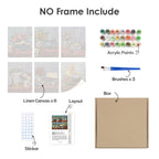 What's included without a frame: six rolled Vintage Keepsakes mini canvases, acrylic paints, three brushes and layout