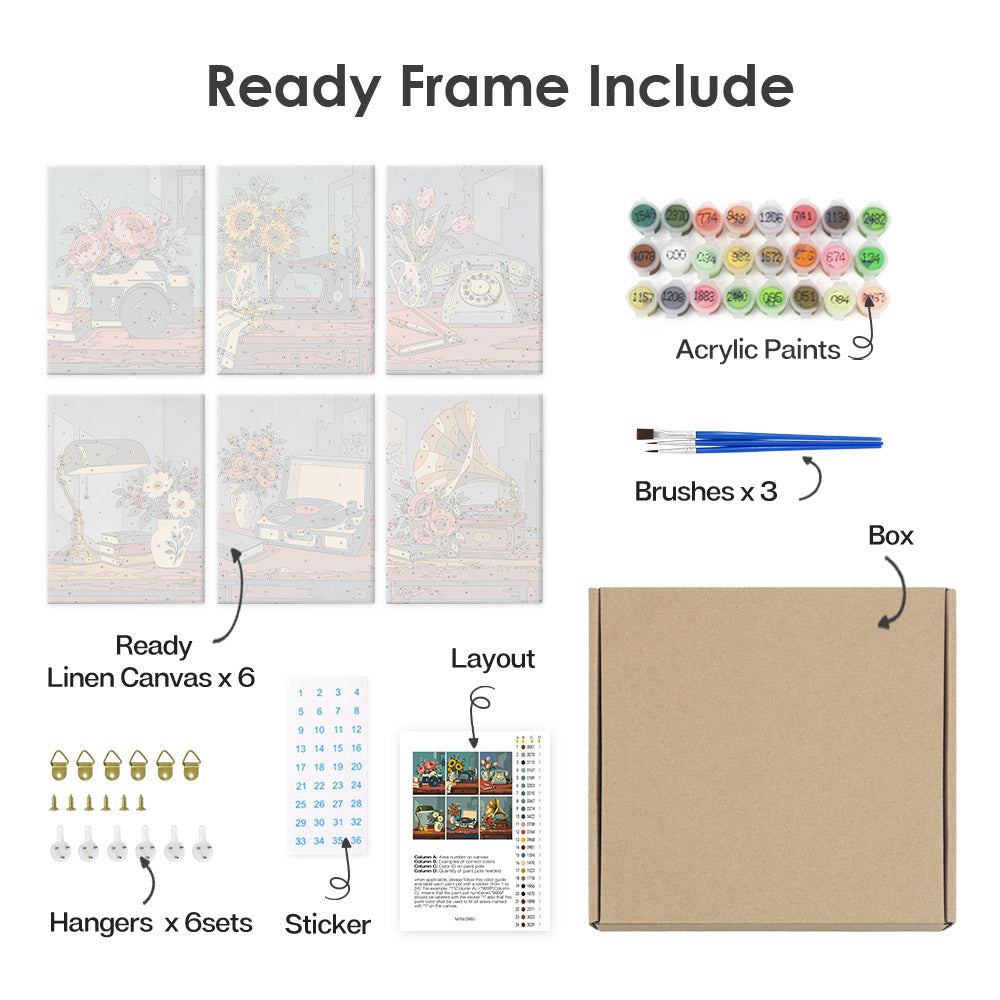 What's included pre-stretched on frame: six framed Vintage Keepsakes mini canvases, paints, three brushes, hangers and layout