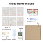 What's included pre-stretched on frame: six framed Vintage Keepsakes mini canvases, paints, three brushes, hangers and layout