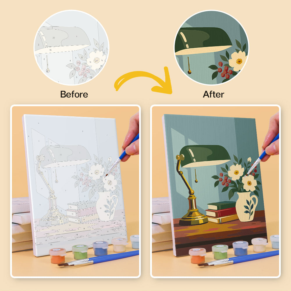 Before and after of a Vintage Keepsakes mini paint by numbers canvas