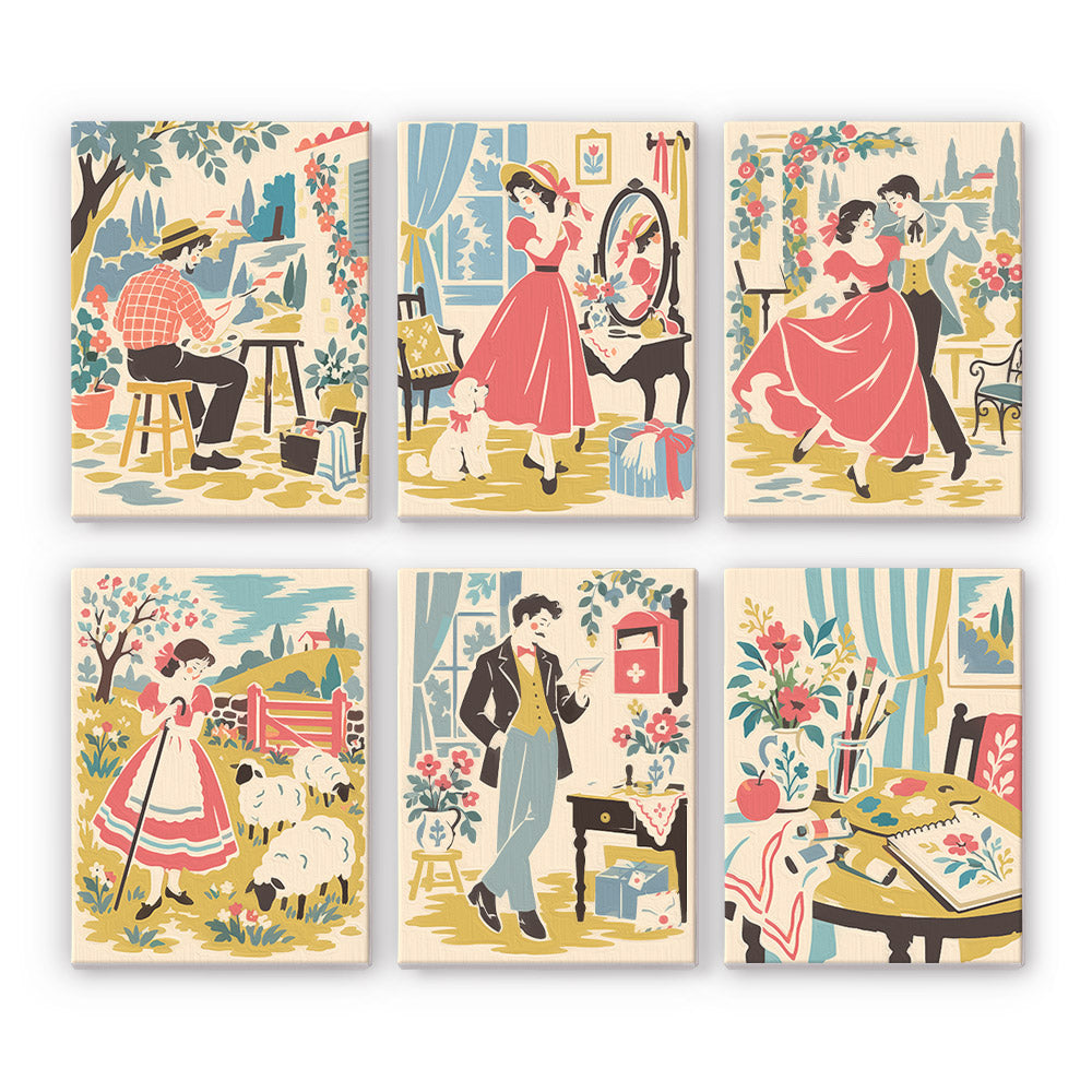 Vintage Romance mini paint by numbers set: six 1950s storybook scenes of a painter, a lady at her mirror, dancers and a shepherdess