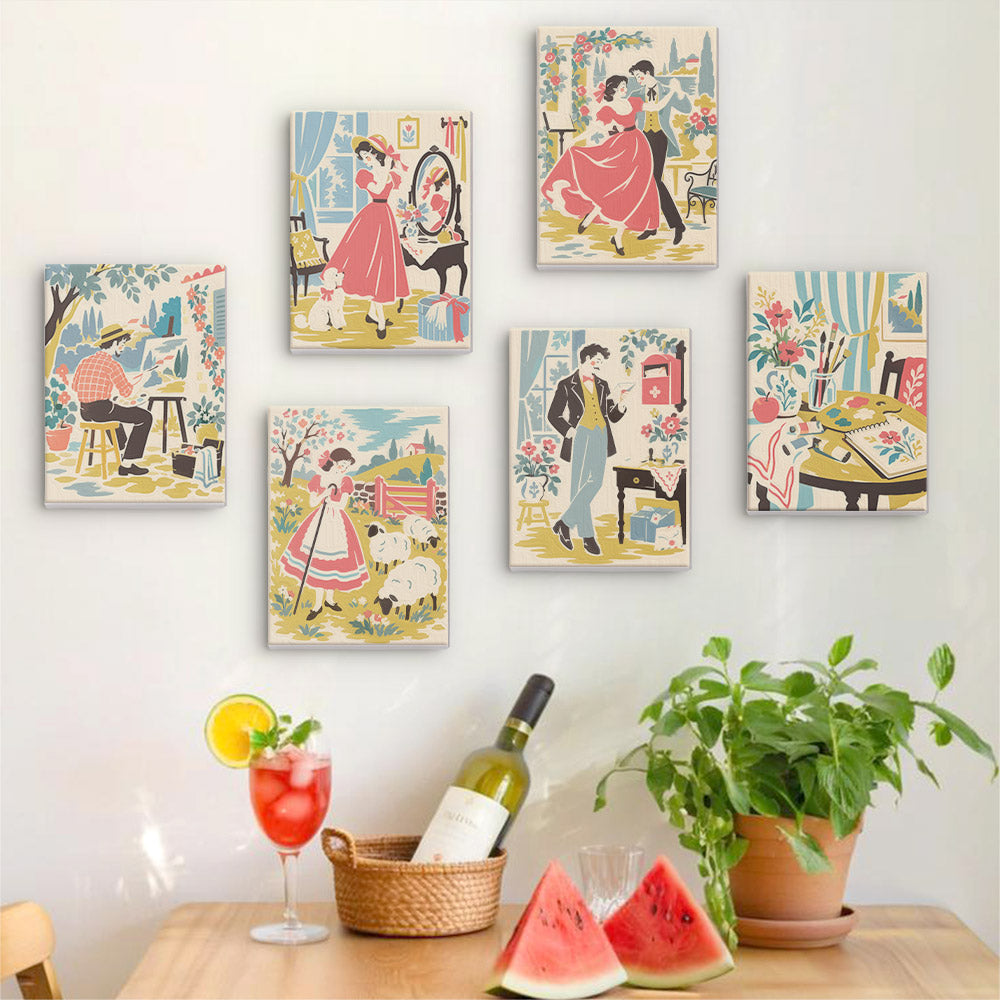 Six finished Vintage Romance mini paintings hung on a wall above a table