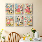 Vintage Romance mini paintings displayed as a gallery wall in a sunny kitchen