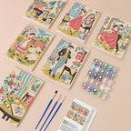 Vintage Romance mini paint by numbers kit with six numbered canvases, acrylic paints, brushes and layout