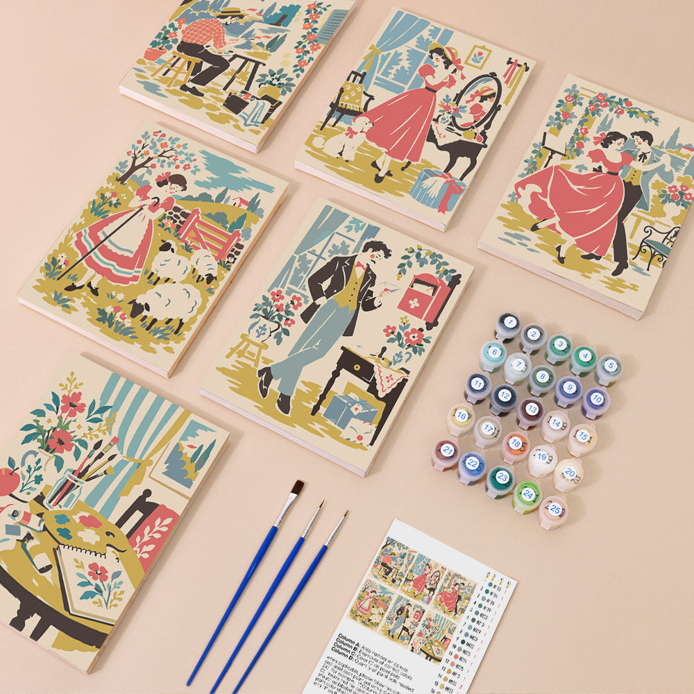 Vintage Romance mini paint by numbers kit with six numbered canvases, acrylic paints, brushes and layout