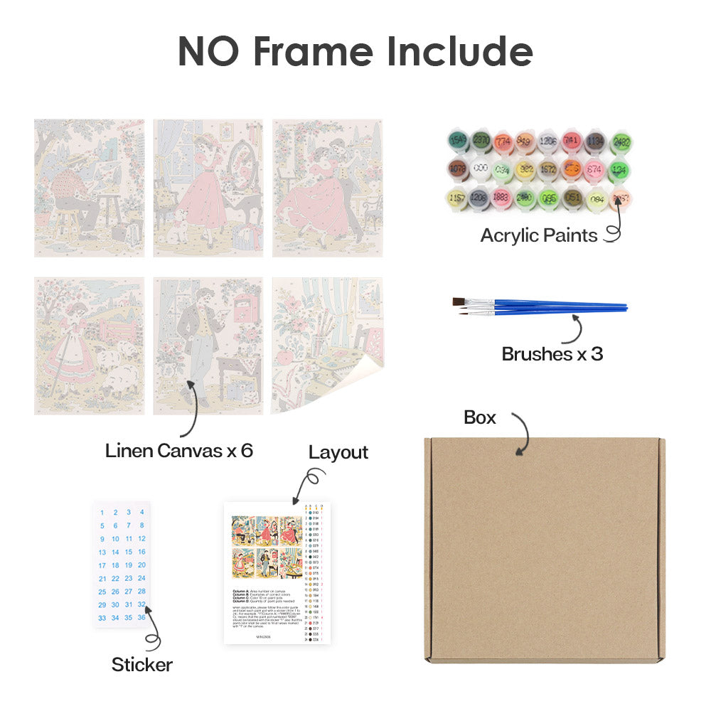 What's included without a frame: six rolled Vintage Romance mini canvases, acrylic paints, three brushes and layout