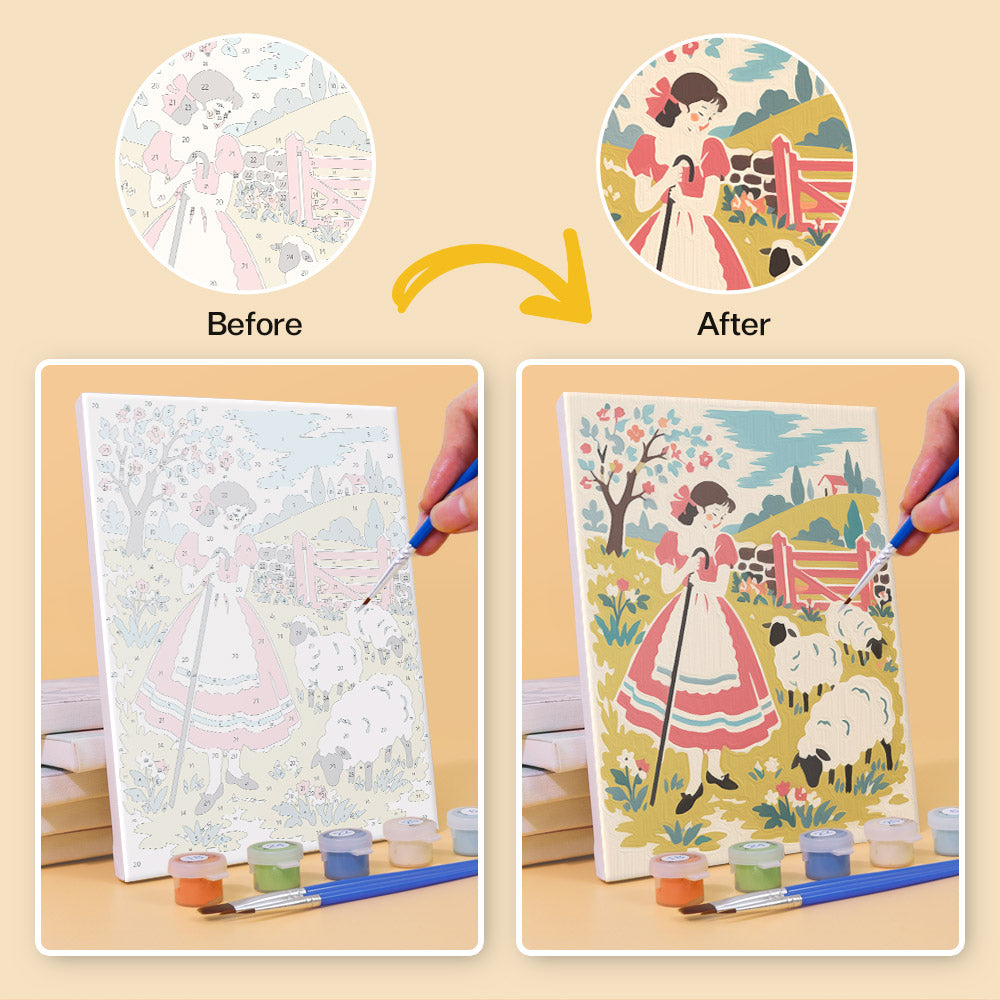 Before and after of a Vintage Romance mini paint by numbers canvas