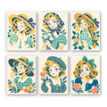 Vintage Sweethearts mini paint by numbers set: six retro designs of curly-haired girls in sun hats and gingham with flowers