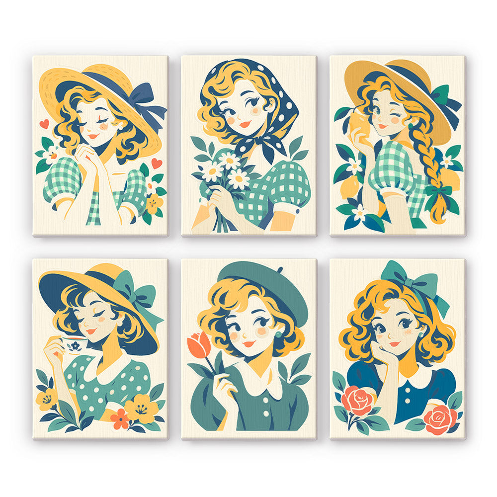 Vintage Sweethearts mini paint by numbers set: six retro designs of curly-haired girls in sun hats and gingham with flowers
