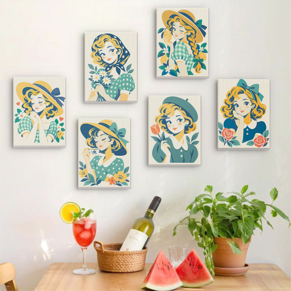 Six finished Vintage Sweethearts mini paintings hung on a wall above a table