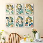 Vintage Sweethearts mini paintings displayed as a gallery wall in a sunny kitchen