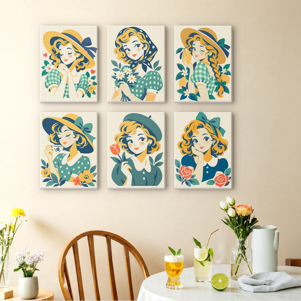 Vintage Sweethearts mini paintings displayed as a gallery wall in a sunny kitchen
