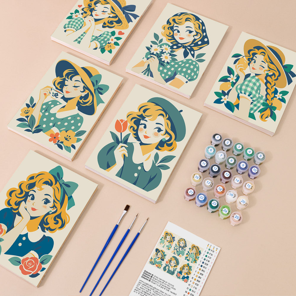 Vintage Sweethearts mini paint by numbers kit with six numbered canvases, acrylic paints, brushes and layout