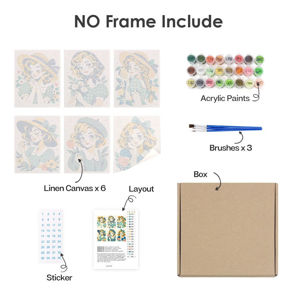 What's included without a frame: six rolled Vintage Sweethearts mini canvases, acrylic paints, three brushes and layout