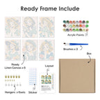 What's included pre-stretched on frame: six framed Vintage Sweethearts mini canvases, paints, three brushes, hangers and layout