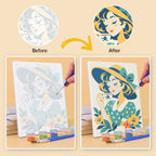 Before and after of a Vintage Sweethearts mini paint by numbers canvas