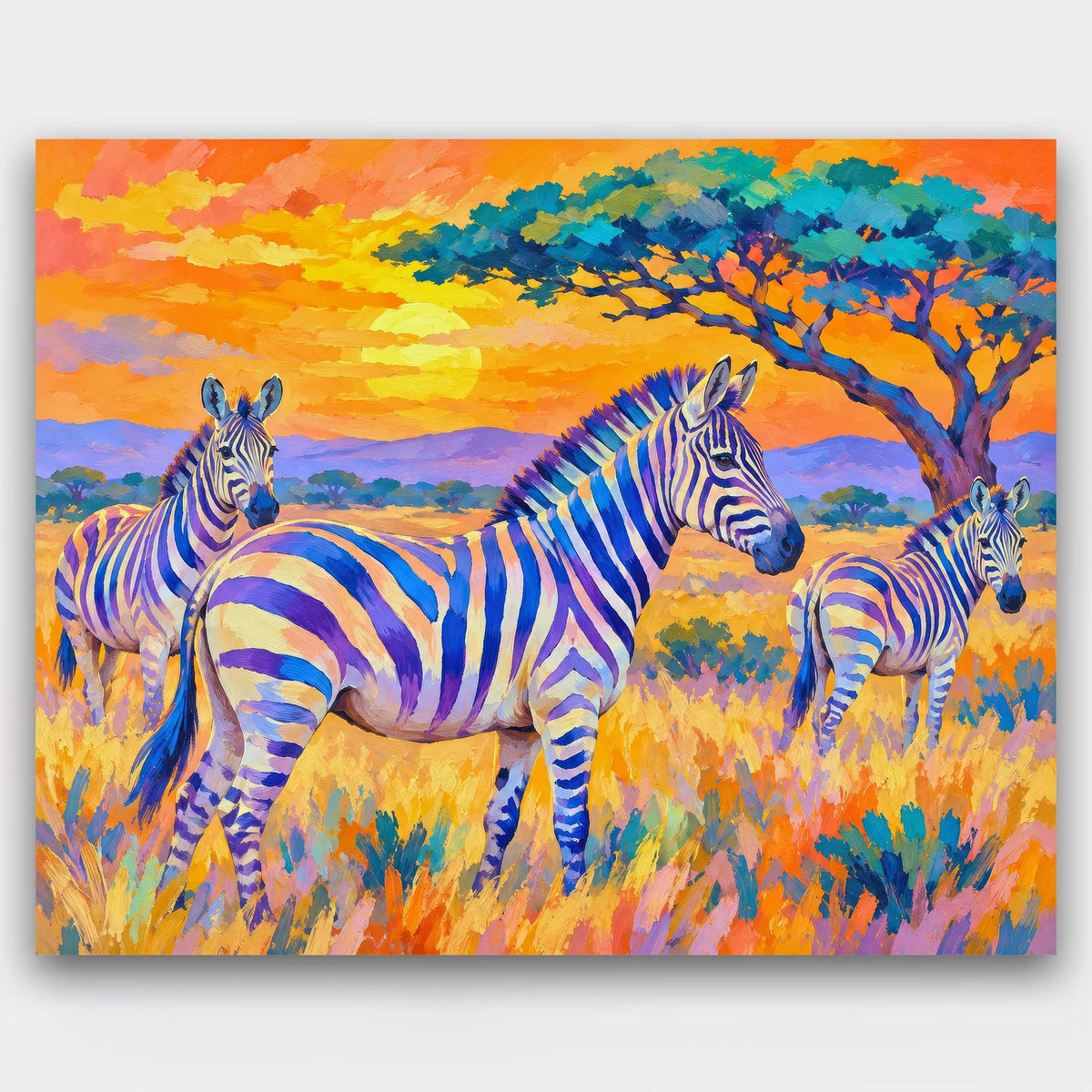 Violet-Striped Zebras paint by numbers kit of three zebras with violet and blue stripes on the savannah under an orange sky with an acacia
