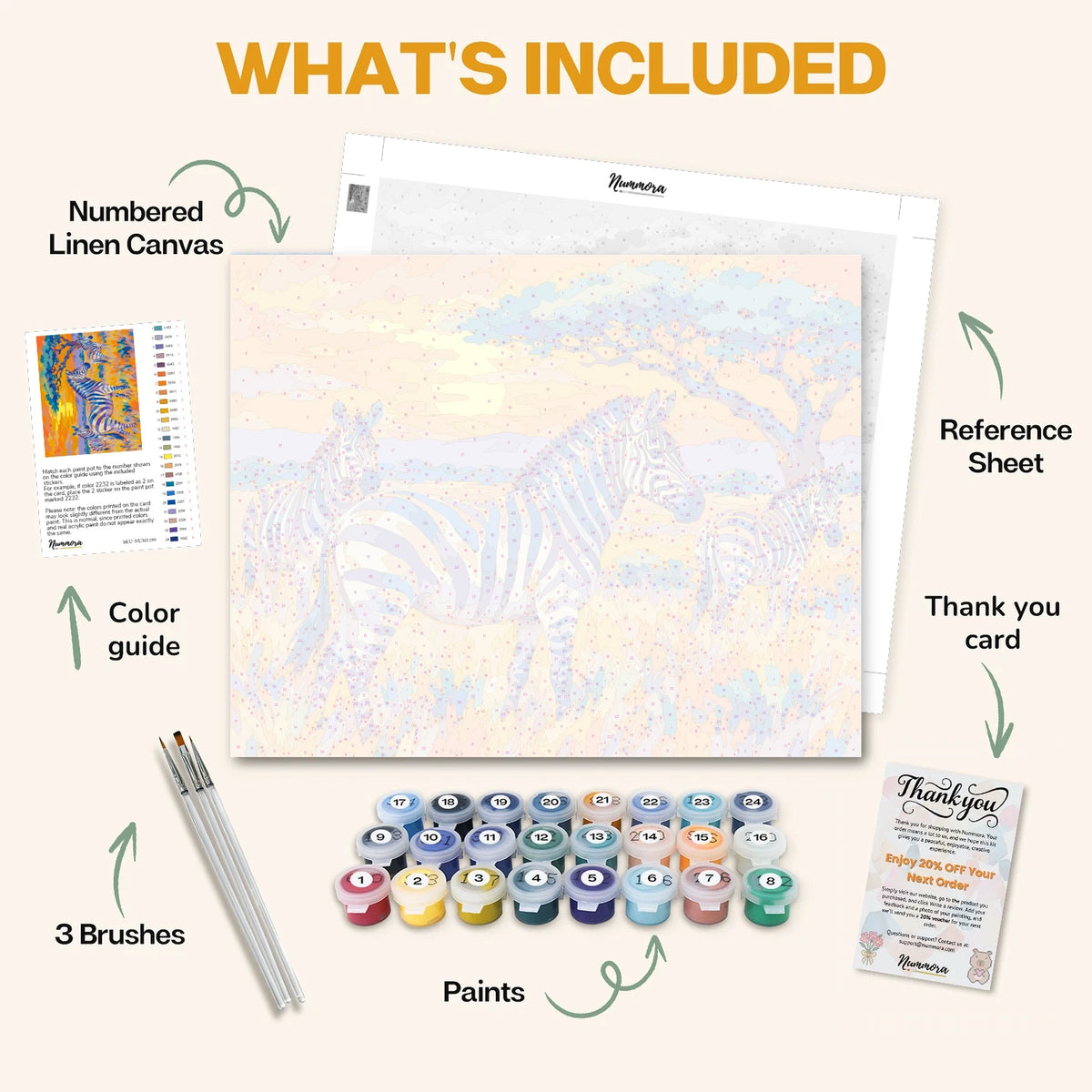 What's included in the Violet-Striped Zebras paint by numbers kit: numbered linen canvas, reference sheet, color guide, 24 acrylic paints, 3 brushes and thank you card