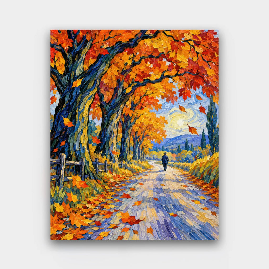 Walk Down the Autumn Lane paint by numbers kit of a lone walker on a leafy lane lined with orange and red autumn trees