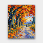 Walk Down the Autumn Lane paint by numbers kit of a lone walker on a leafy lane lined with orange and red autumn trees