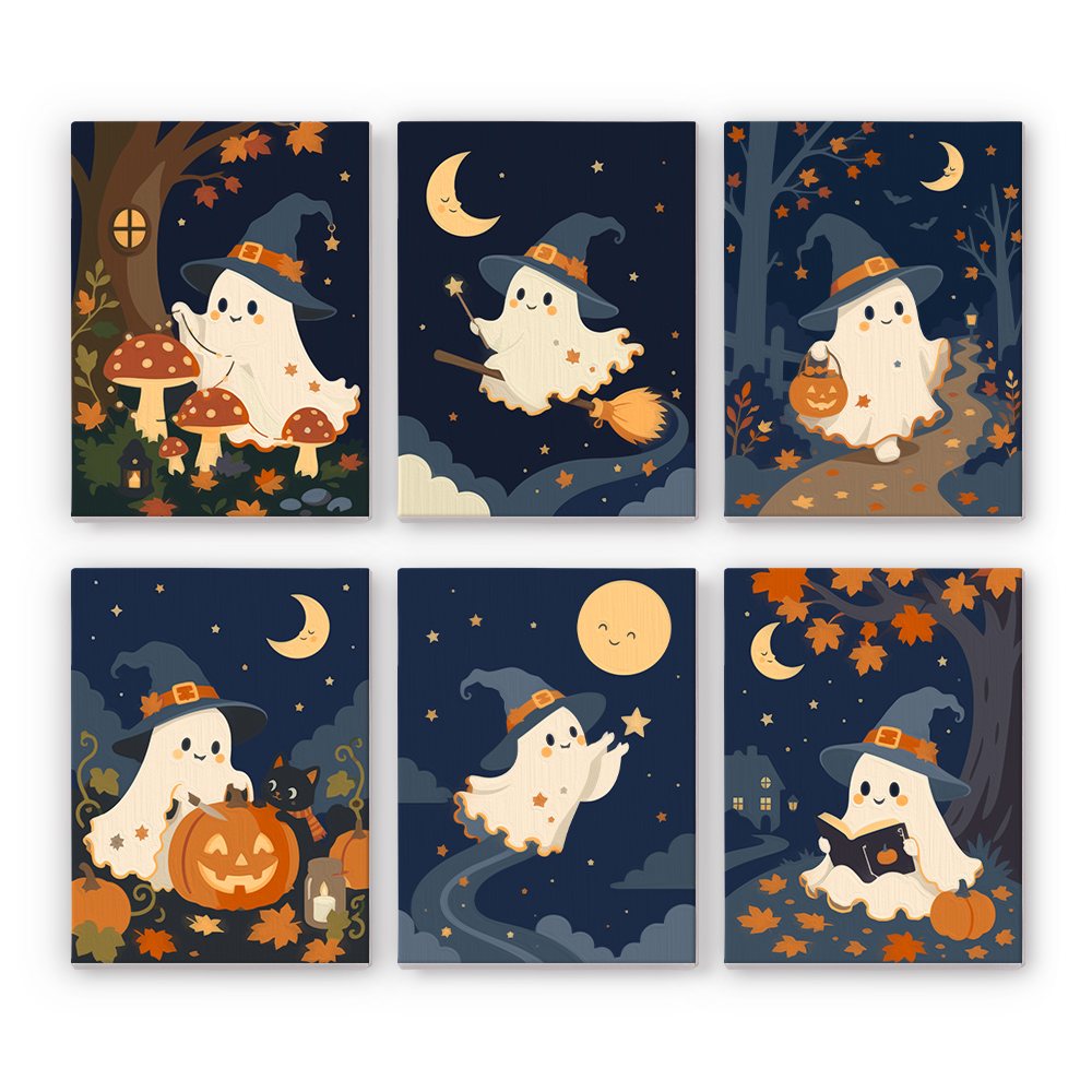 Wandering Ghosts mini paint by numbers set: six little witch-hat ghosts on a starry night among toadstools, pumpkins and autumn trees