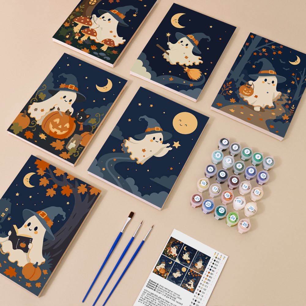 Wandering Ghosts mini paint by numbers kit with six numbered canvases, acrylic paints, brushes and layout